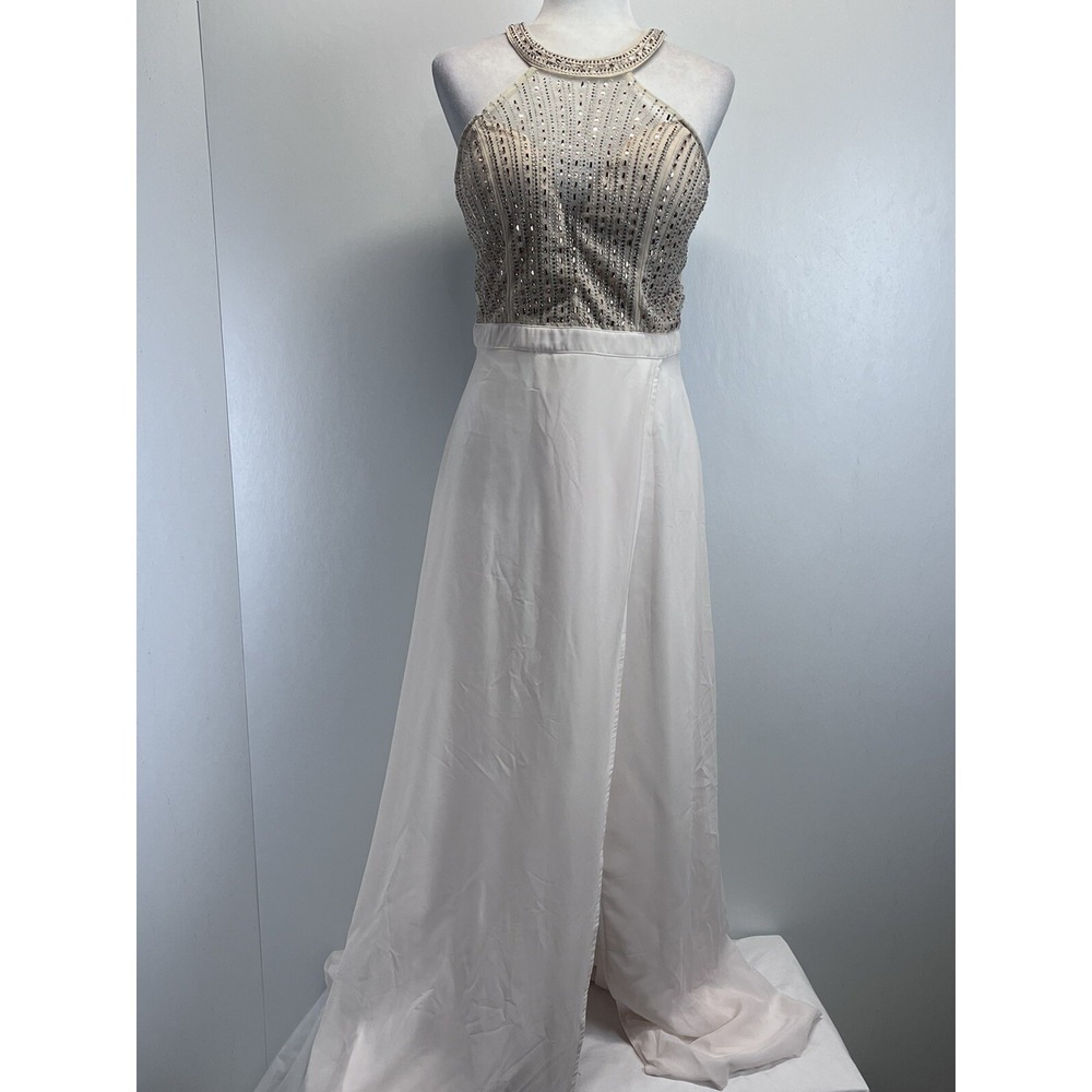 Soieblu Long Evening Dress Gown Sz Large Side Slit Beaded Formal Sleevless Ivory